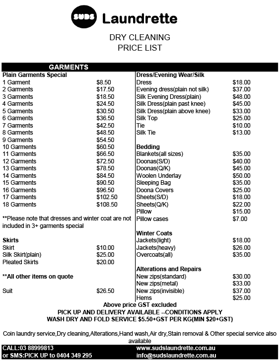 Dry Cleaning Pricing List at Suds