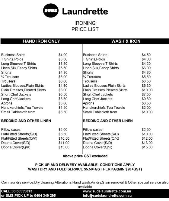 Hand Ironing Pricing Table